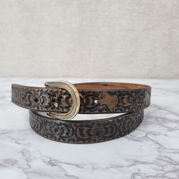 Vintage Accessories - Vintage Brown Texas Embossed Leather Belt with Gold Toned Buckle